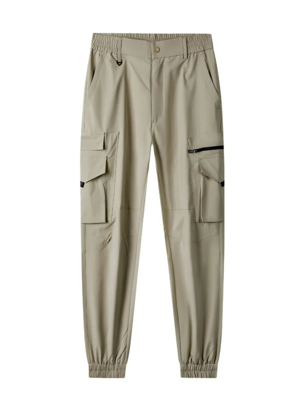 Khaki cargo pants with multiple pockets and elastic cuffs.