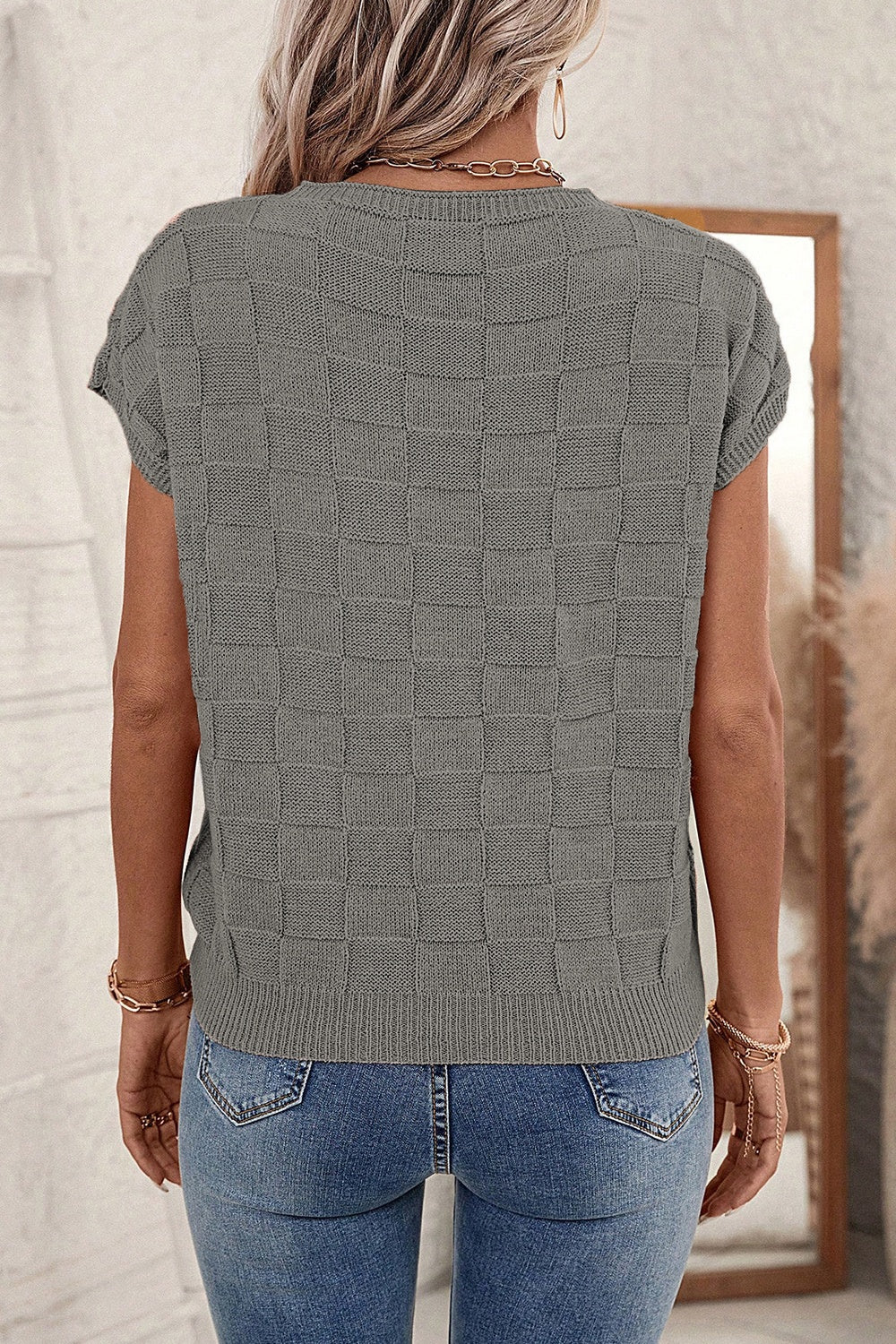 Dark Gray textured square-knit short sleeve tee with crewneck.