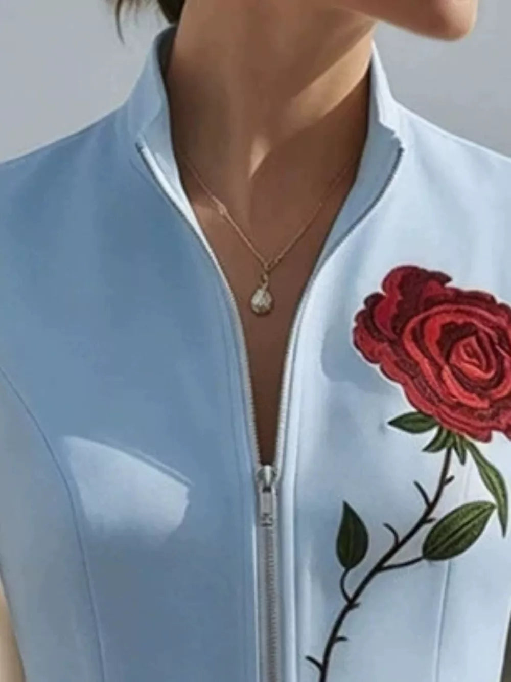 Rose Zip Up Sleeveless Shirt in Black, back view