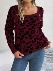 Wine leopard print acrylic sweater with button detail and square neckline.