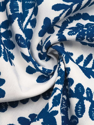 Blue and white floral print halter maxi dress fabric detail
