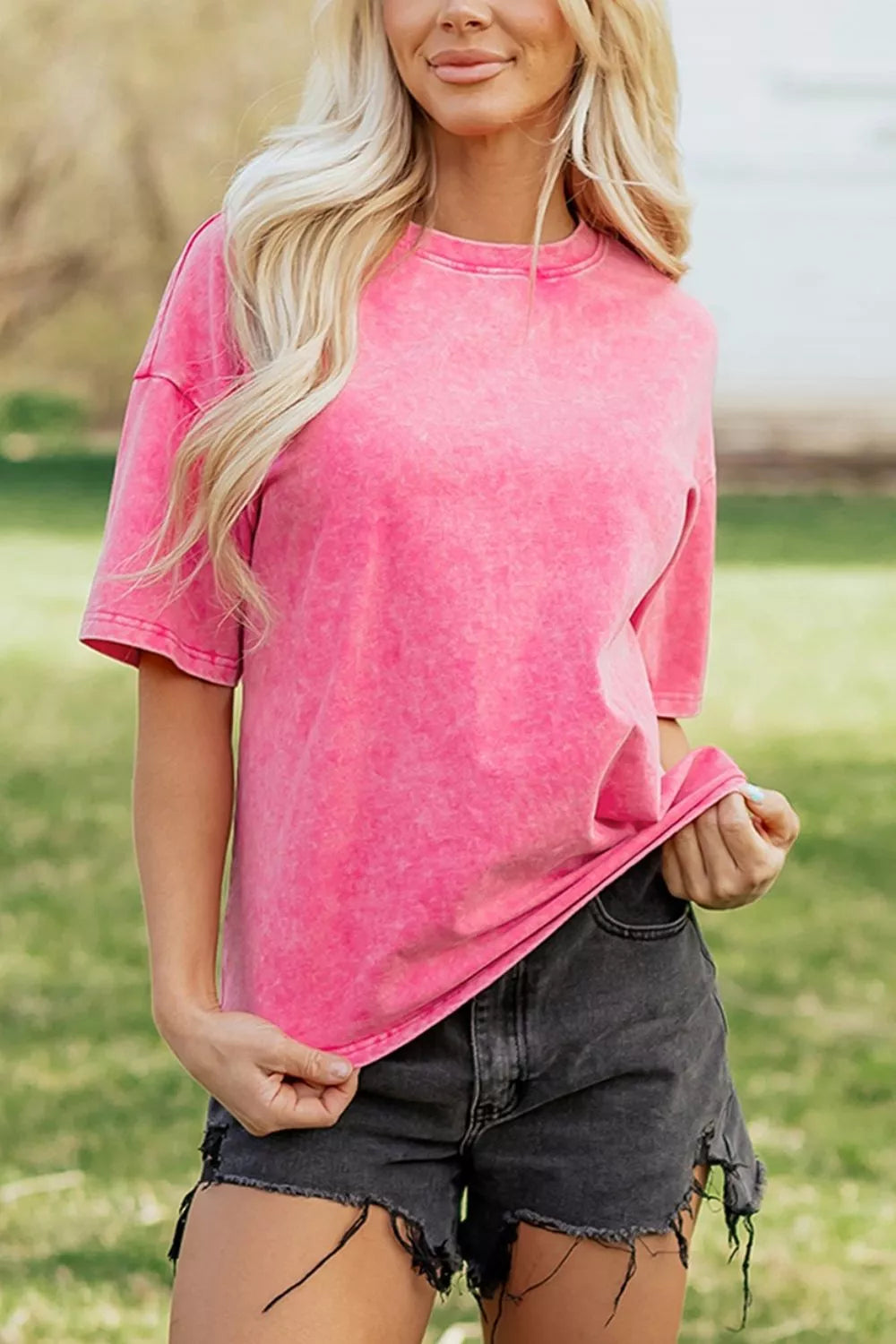 Solid Color Cotton Mineral Washed Oversize Tee in Mint Blue, model styling view