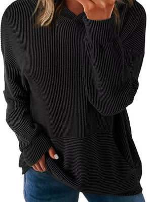 Black ribbed V-neck oversized hoodie sweatshirt with balloon sleeves and a casual fit.