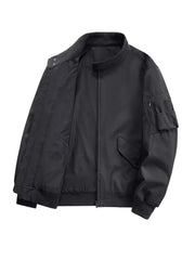 Plus-size black bomber jacket with zip pockets and snap collar detail.