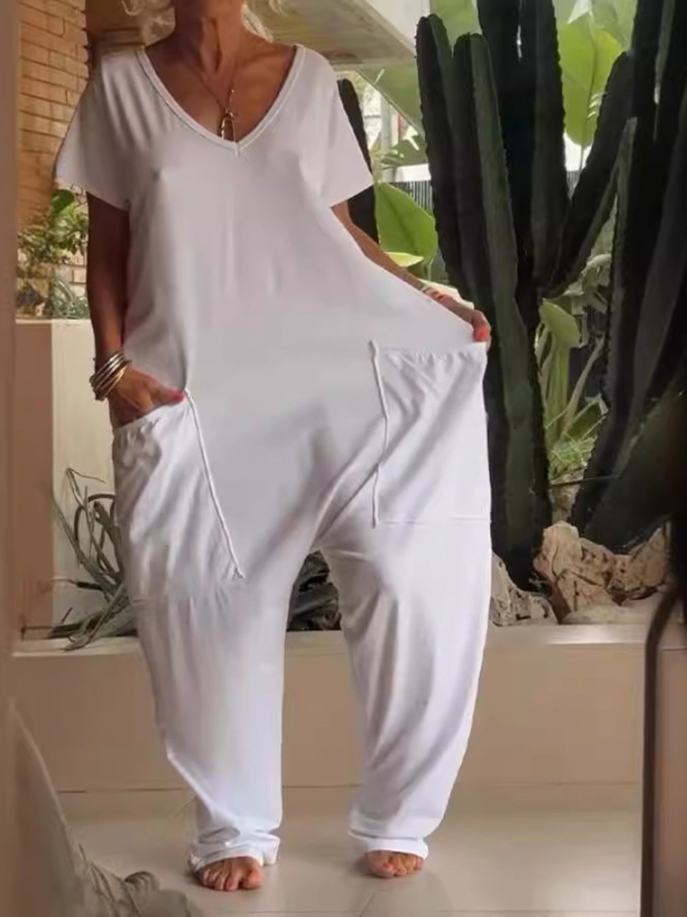 Loose Fit V-neck Short Sleeve Wide Leg Jumpsuit in Floral Gray, front view