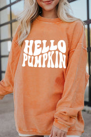 Caramel corduroy sweatshirt with white "Hello Pumpkin" graphic.