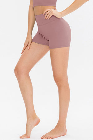Ribbed sculpting active shorts in Dusty Pink with high waist and short length