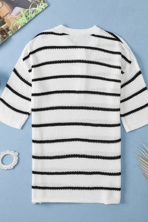 Button-down stripe knit pullover sweater in white with black stripes and a textured knit.