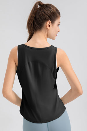 Black performance tank top with curved back panel detail