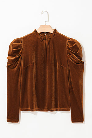 Brown velvet blouse with gathered puff sleeves and a mock neck.