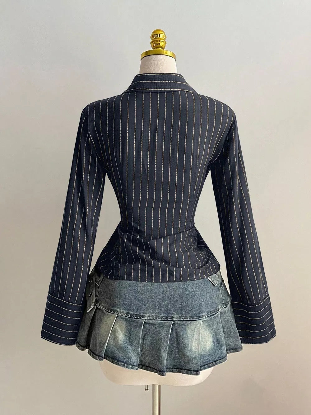 Striped Long Sleeve Fitted Blouse, back view