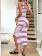 Purple striped bodycon midi dress with side slit and ribbed texture.