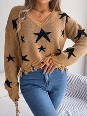 Camel knit sweater with black stars, V-neck, distressed hem, long sleeves