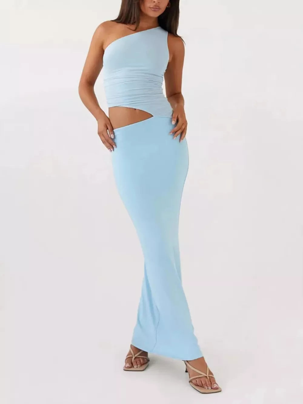 Blue one-shoulder cutout maternity maxi dress with ruched detail