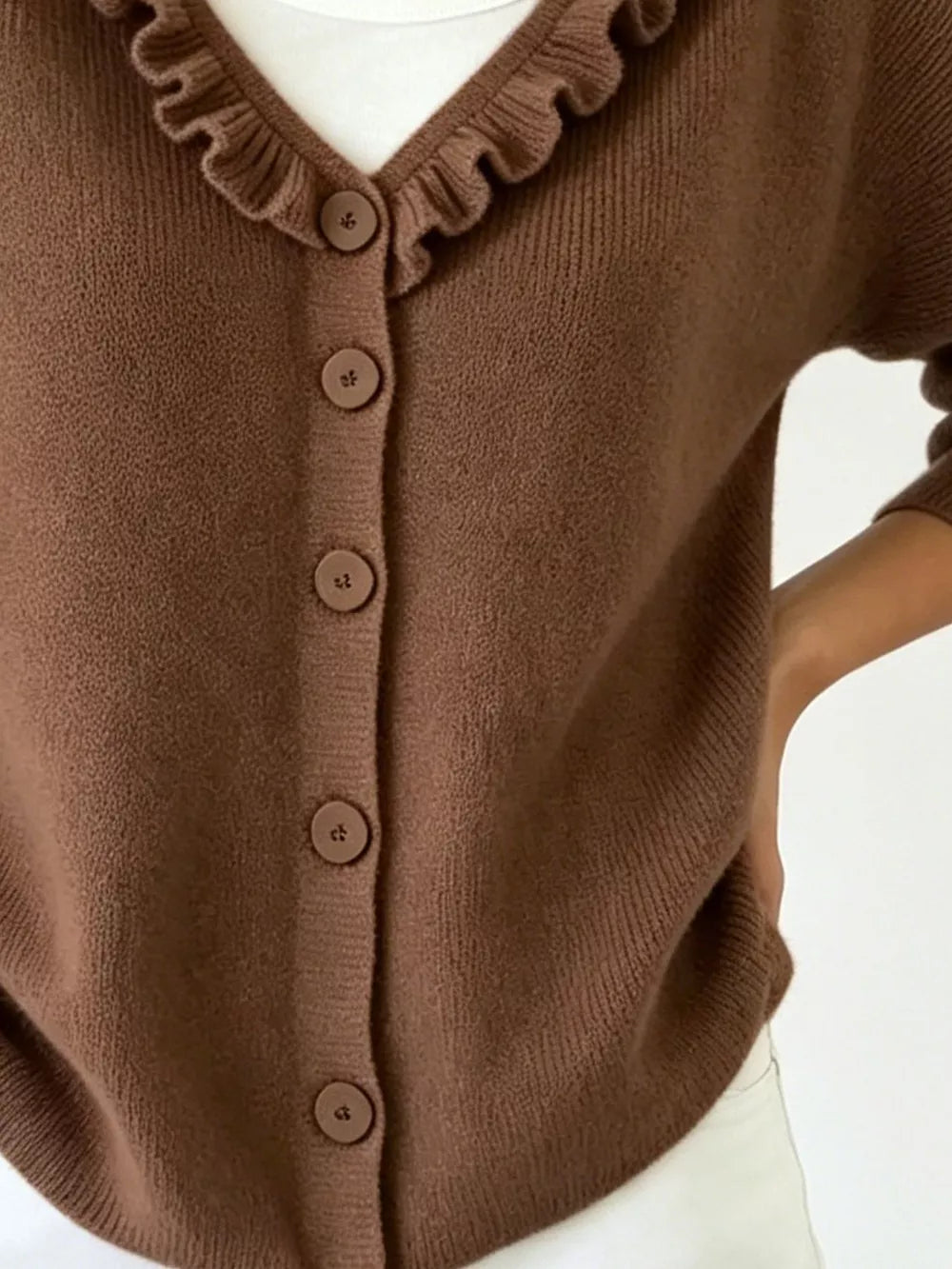 Ruffled Neckline Button-up Cardigan in White, view 15