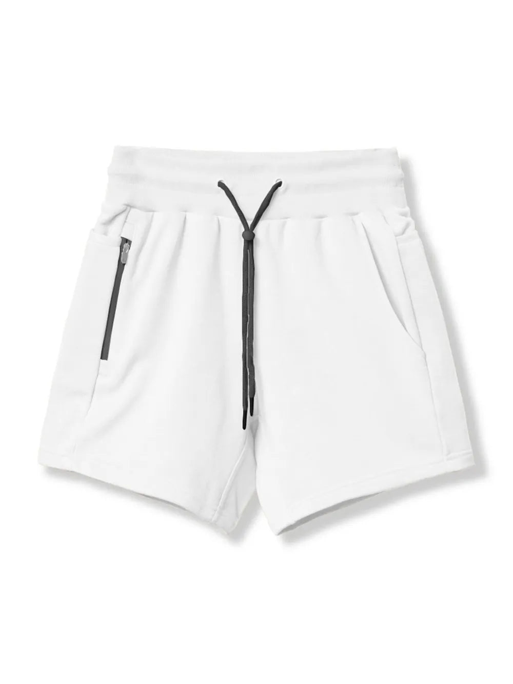 White performance fleece jogger shorts with black drawcord and zippered pocket