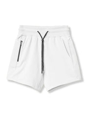White performance fleece jogger shorts with black drawcord and zippered pocket