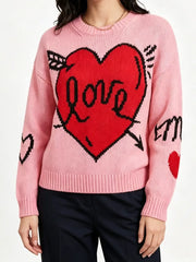 Heart Round Neck Ribbed Sweater in Pink, editorial view