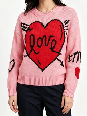 Heart Round Neck Ribbed Sweater in Pink, editorial view
