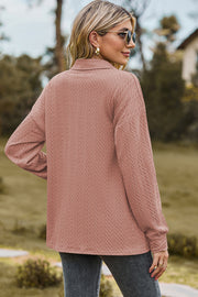 Dusty Pink textured polo-neck sweater with button detail and long sleeves.