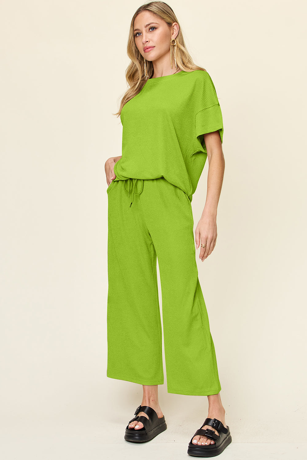 Lime waffle knit lounge set with drawstring pants and relaxed fit top