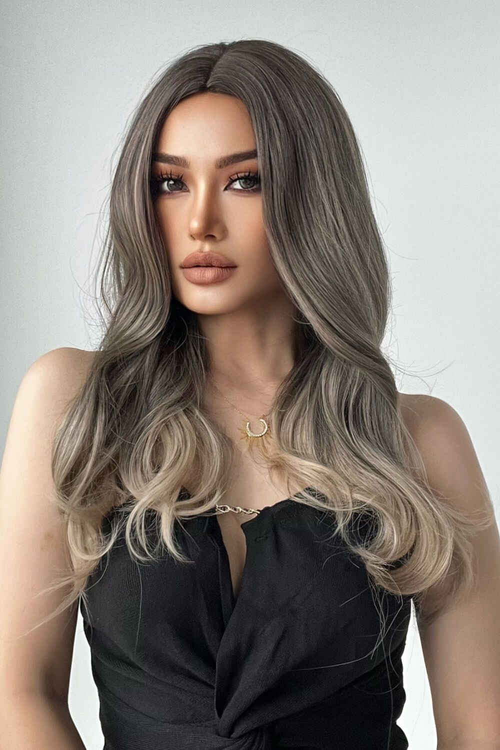 Ombre Wave Synthetic Wig in Ash Brown/Blonde, styled with loose waves.
