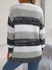 Open-front knit cardigan with horizontal stripes in white, grey, and black acrylic.