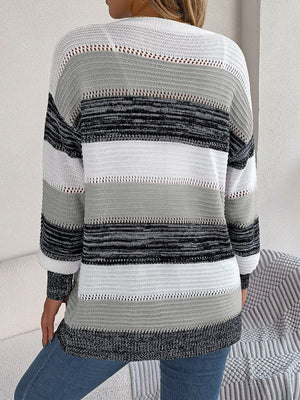 Open-front knit cardigan with horizontal stripes in white, grey, and black acrylic.
