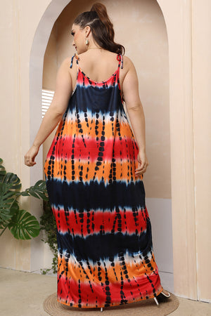Multicolor tie-dye maxi dress with adjustable tie straps and a flowing skirt.