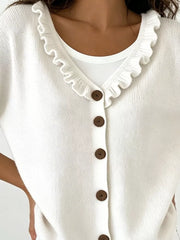 Ruffled Neckline Button-up Cardigan in White, side view