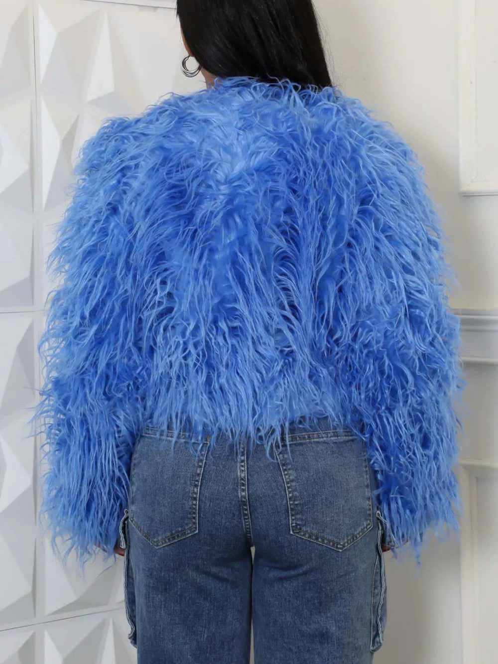 Faux Fur Open Front Cropped Outerwear in Red, alternate angle
