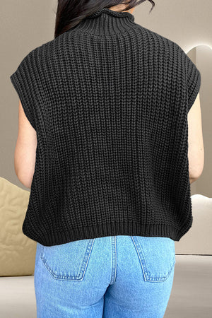 Black cable knit sleeveless mock neck sweater top