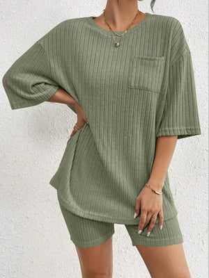 Sage ribbed loungewear set with a pocket tee and biker shorts.