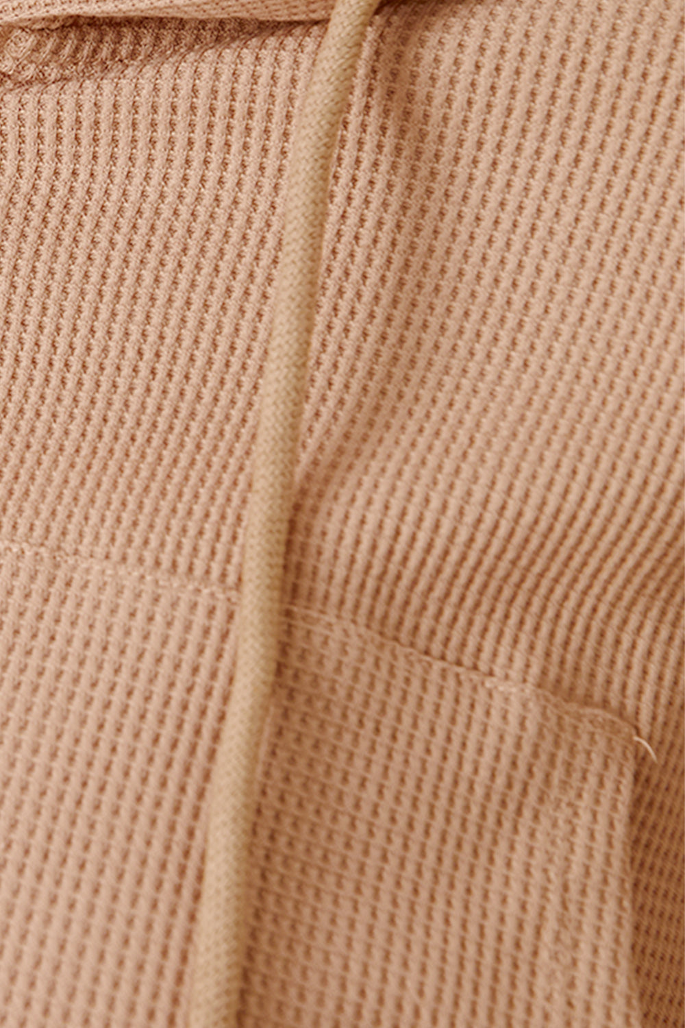 Waffle knit cropped zip hoodie in khaki with drawstring and pocket detail.