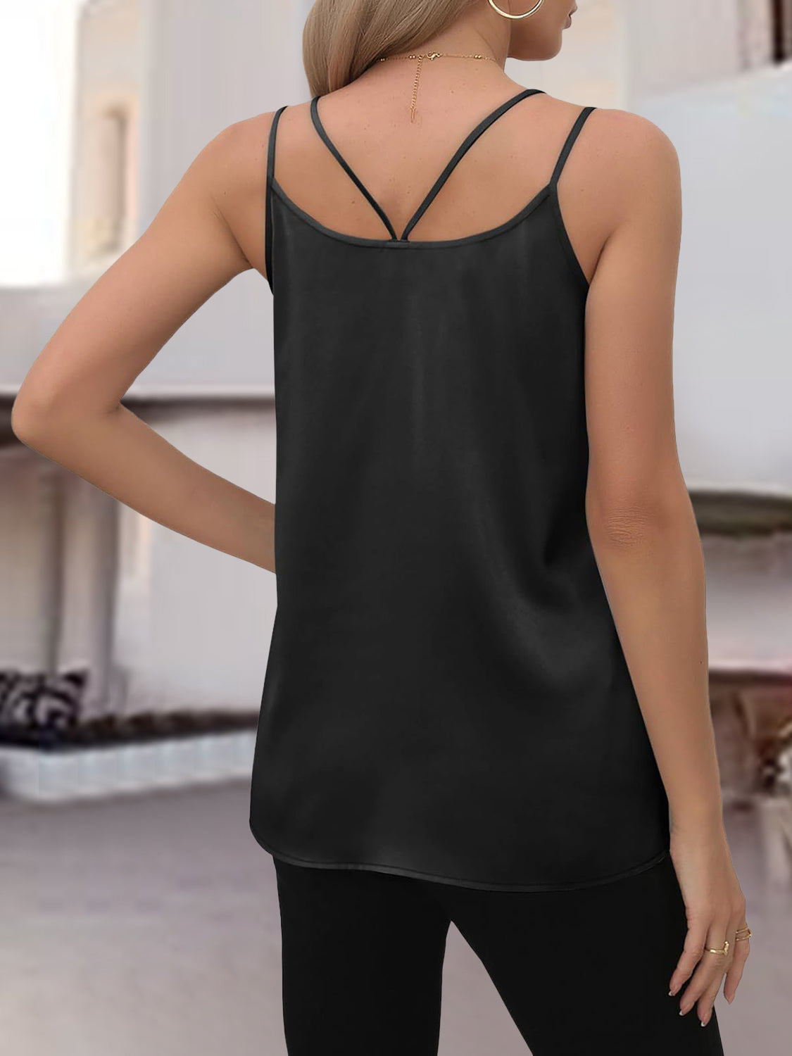 Black satin camisole with crisscross back straps