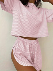 Pink striped pajama set with crop top and drawstring shorts