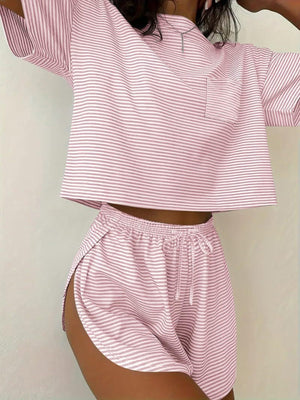 Pink striped pajama set with crop top and drawstring shorts