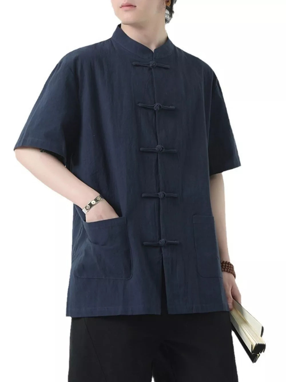 Navy blue short-sleeve cotton shirt with mandarin collar and frog button closure.