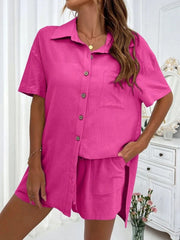 Hot Pink linen shirt and shorts co-ord set with button front and pocket detail