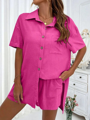 Hot Pink linen shirt and shorts co-ord set with button front and pocket detail