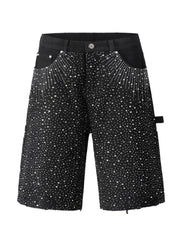 Black denim bermuda shorts with allover crystal burst embellishment