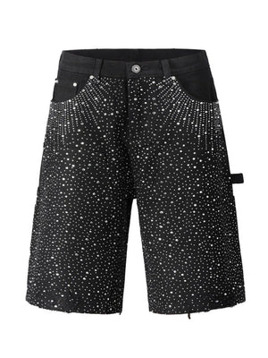 Black denim bermuda shorts with allover crystal burst embellishment