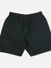 Black performance shorts with elastic waistband and embroidered wolf head detail.