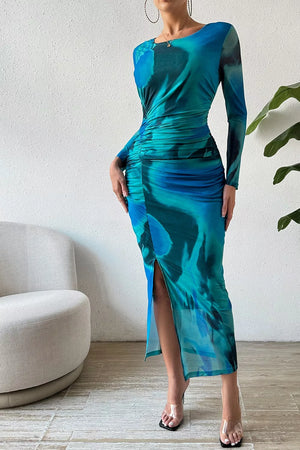 Ruched Tie-dye Midi Dress With High Slit in Dusty Blue, side view