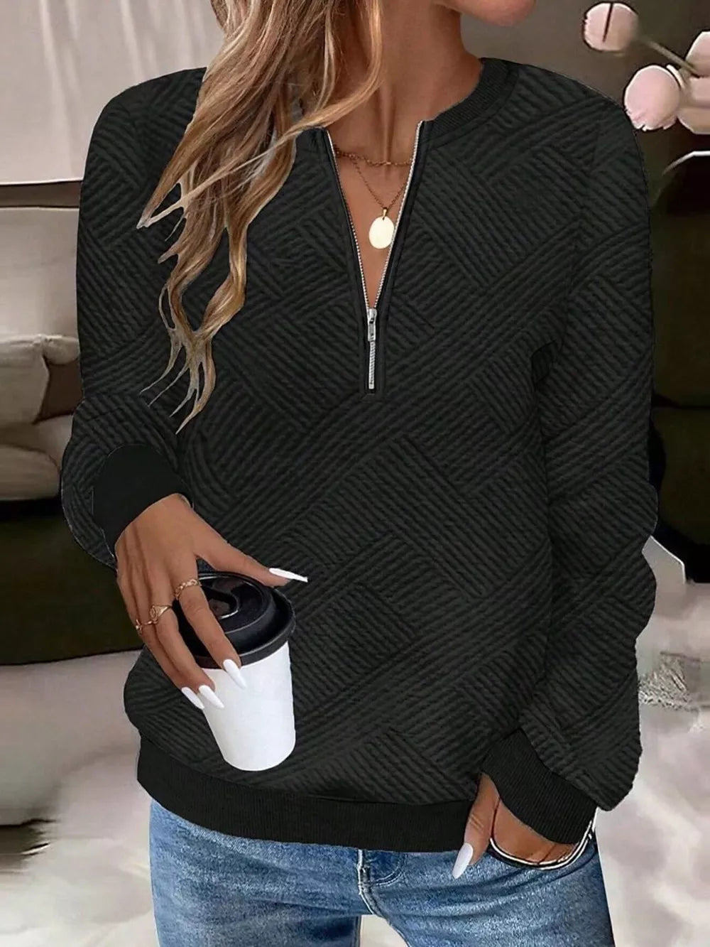 Textured Quarter-zip Sweatshirt in Black, front view