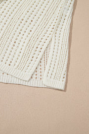 Beige open-knit mini dress with drawstring waist and side slit detail