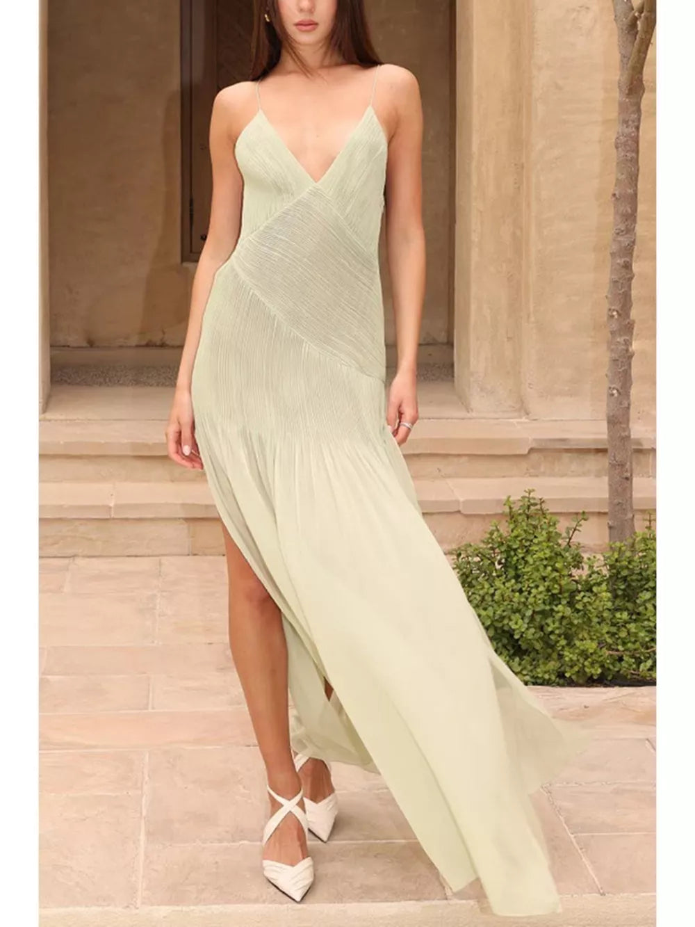 Sheer pleated maxi cami dress in pale green with a V-neck and high slit.