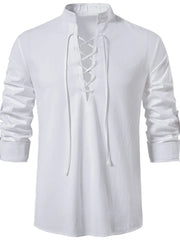 White linen lace-up shirt with mandarin collar and rolled sleeves
