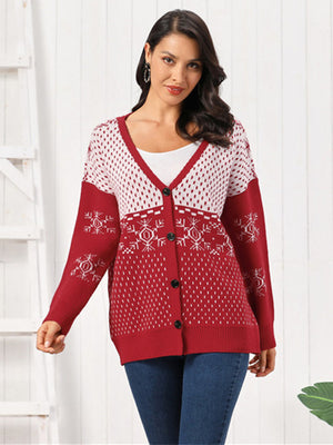 Deep Red Snowflake Jacquard Button-Down Cardigan with V-neck and long sleeves.