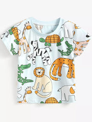 Baby blue short sleeve tee with cartoon safari animals including lions, giraffes, zebras, elephants, crocodiles, and turtles.
